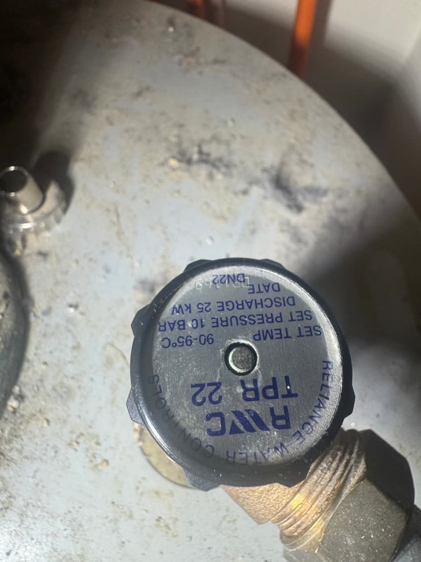 RWC TPR22 temperature and pressure relief valve set to 90 to 95 degrees Celsius and 10 bar on an unvented cylinder
