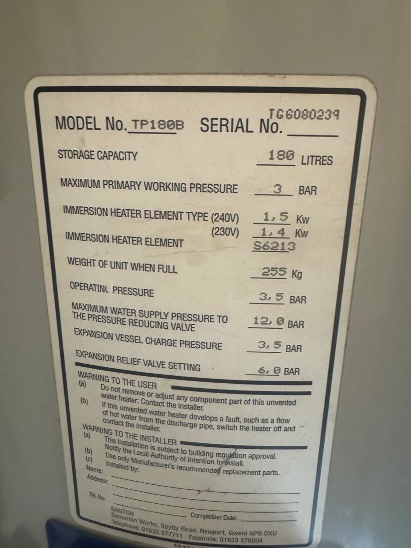 Santon Premier TP180B unvented cylinder data plate showing operating pressure, expansion vessel charge and relief valve settings